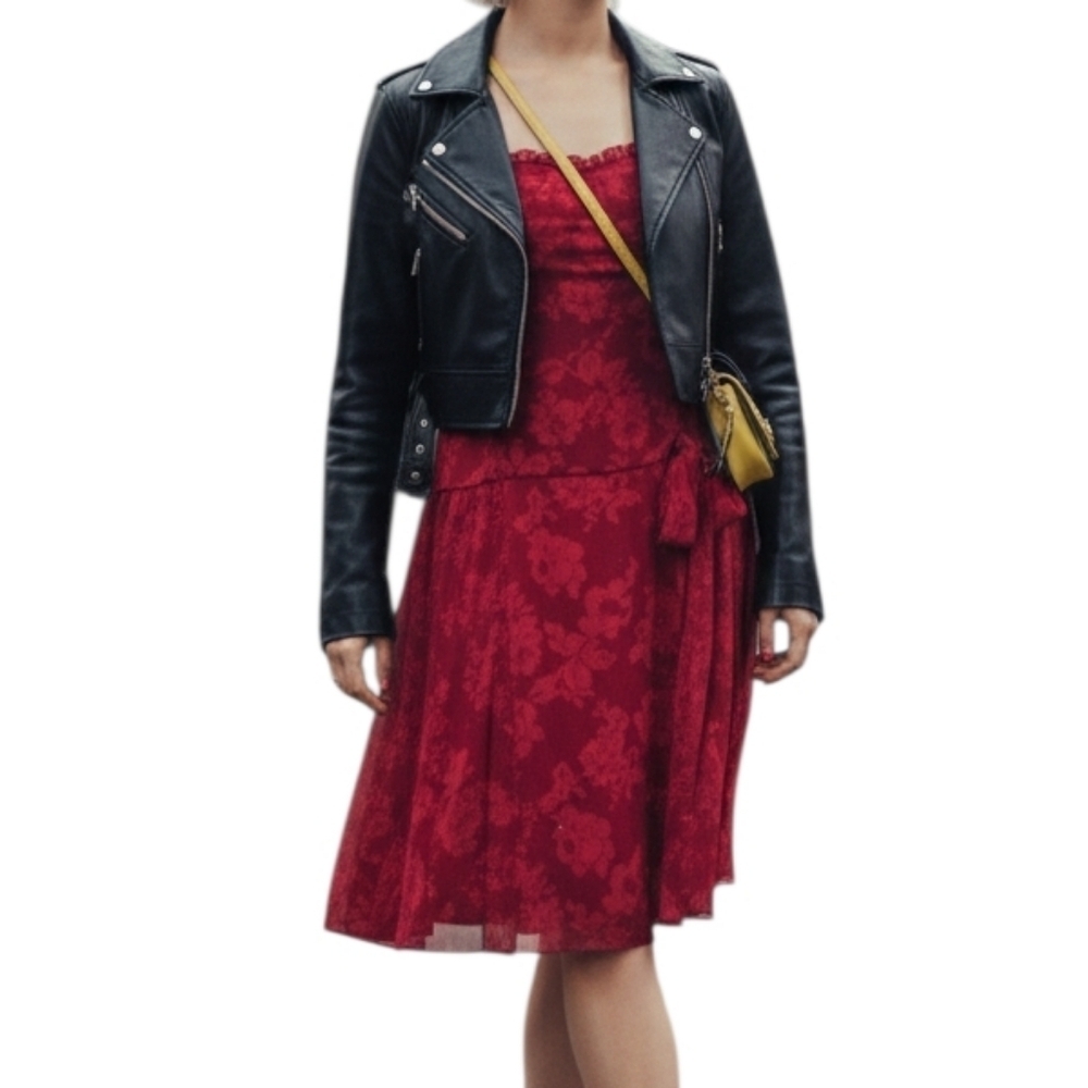 NWT London Times Red Floral Midi Dress Bow Sleeveless Fit & Flare Size 12